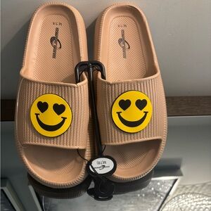Tan Slide Sandals with Smiley Face